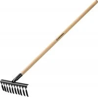 GRINDA GS-10 WOOD, 10 витых зубцов, размеры 320х95х1300 мм, углеродистая сталь, антикор. покрыт., черенок дерев. высш. сорт,садовые грабли (39581-10)