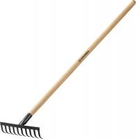 GRINDA GT-10 WOOD, 10 прямых зубцов, размеры 260х80х1300 мм, углерод. сталь, антикор. покрыт., черенок дерев. высш. сорт, садовые грабли (39583-10)